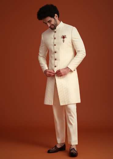 Beige Silk Threadwork Sherwani With Dhagai Work