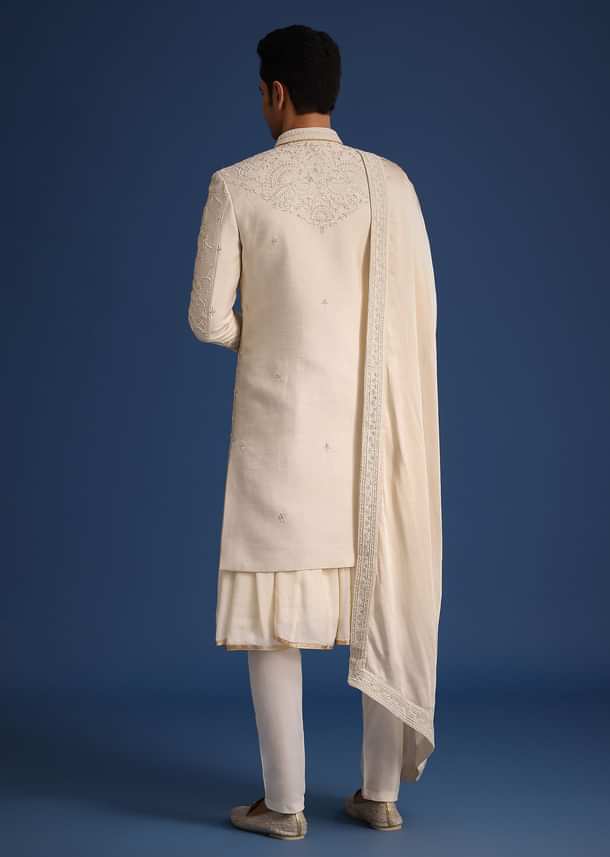 Beige Silk Zardozi Work Sherwani Set With Dupatta
