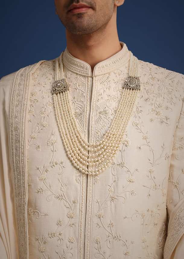 Beige Silk Zardozi Work Sherwani Set With Dupatta