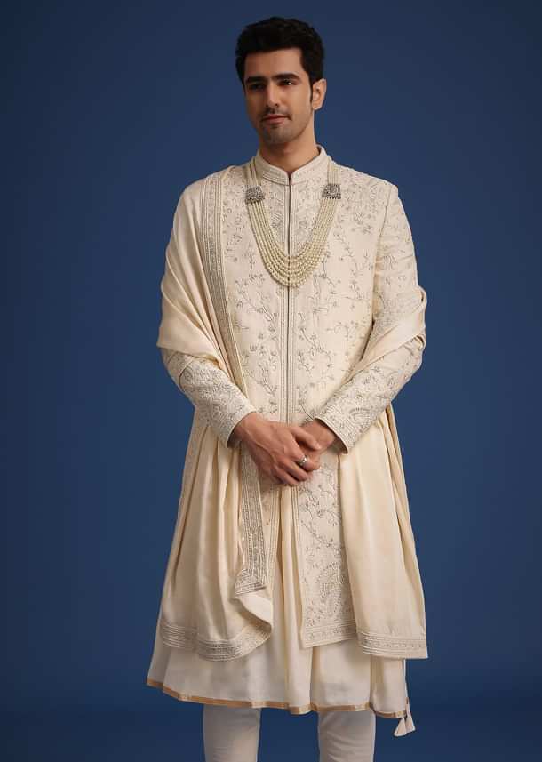 Beige Silk Zardozi Work Sherwani Set With Dupatta