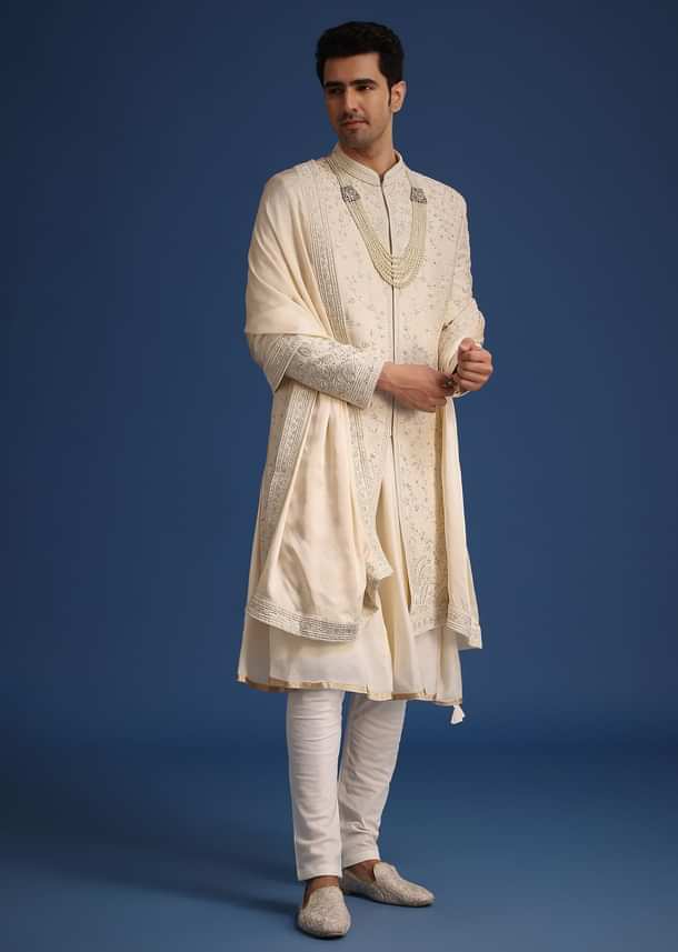 Beige Silk Zardozi Work Sherwani Set With Dupatta