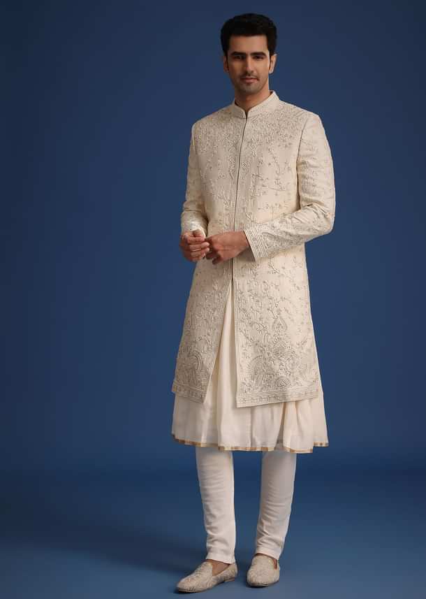 Beige Silk Zardozi Work Sherwani Set With Dupatta