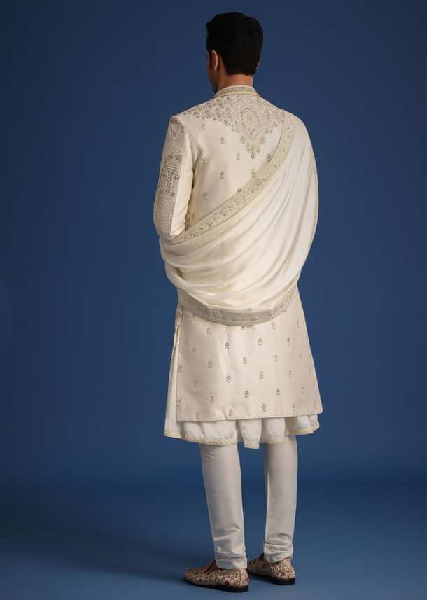 Beige Silk Zardozi Work Sherwani Set With Mala