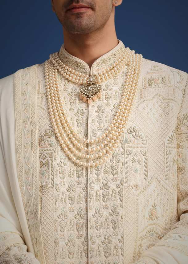 Beige Silk Zardozi Work Sherwani Set With Mala