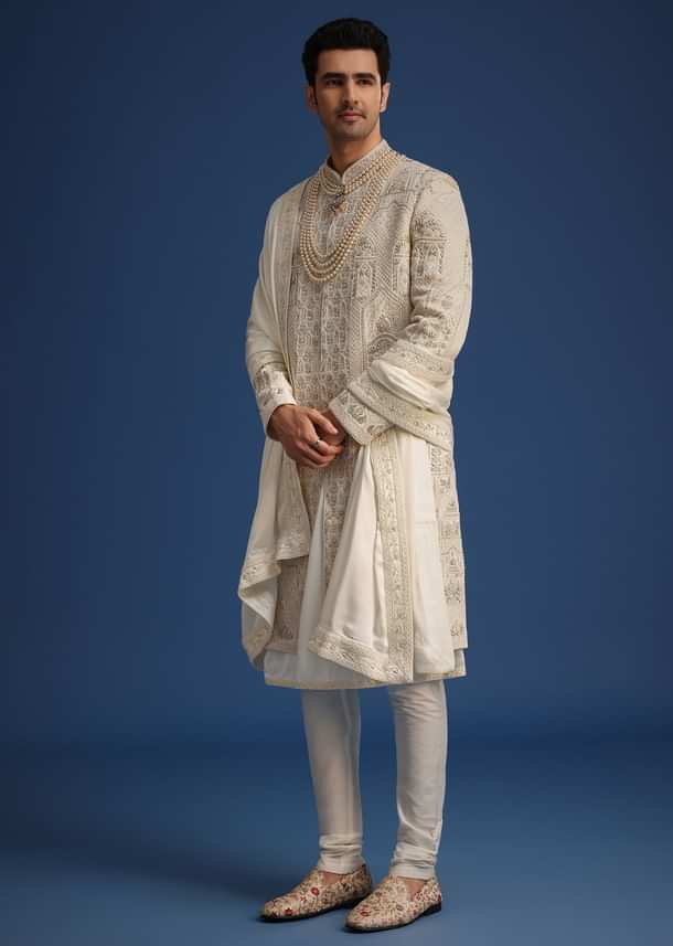 Beige Silk Zardozi Work Sherwani Set With Mala