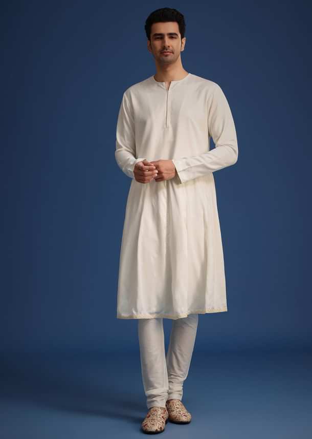 Beige Silk Zardozi Work Sherwani Set With Mala