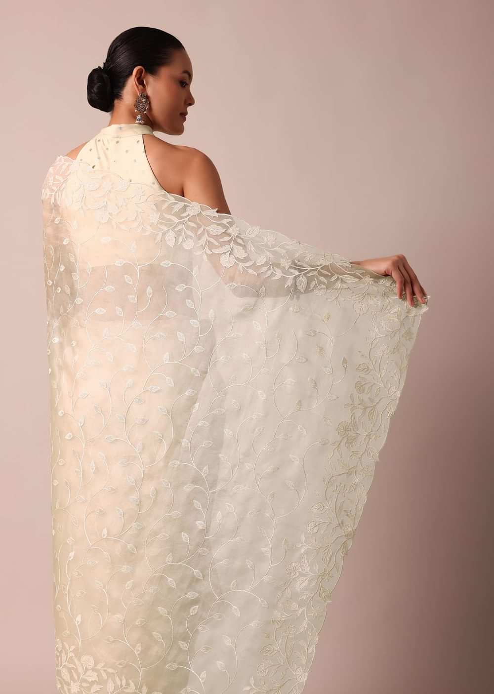 Beige Soft Organza Saree With Floral Work And Unstitched Blouse Piece