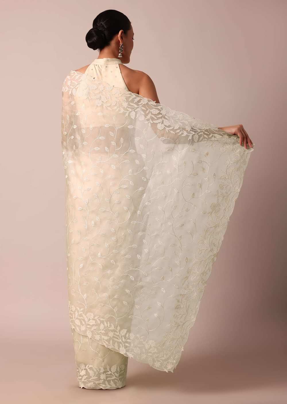 Beige Soft Organza Saree With Floral Work And Unstitched Blouse Piece