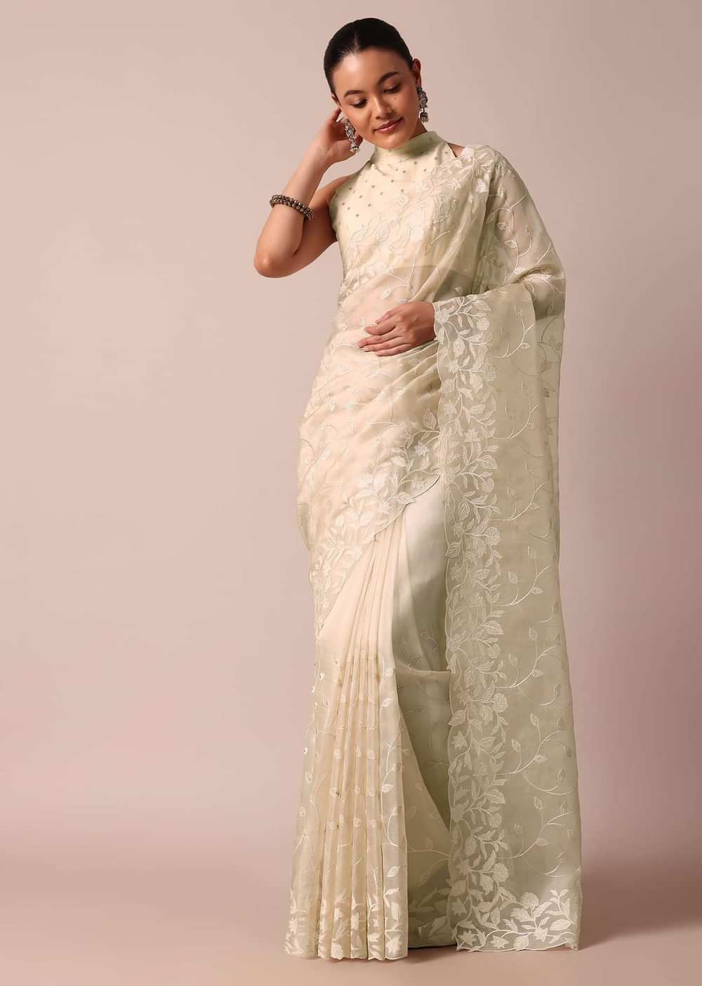 Beige Soft Organza Saree With Floral Work And Unstitched Blouse Piece