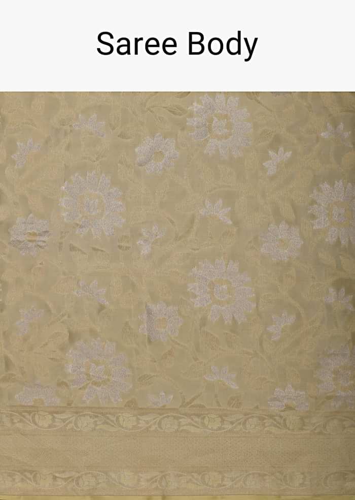 Beige South Dharmavaram Silk Saree With Woven Antique Motifs And Unstitched Blouse Fabric