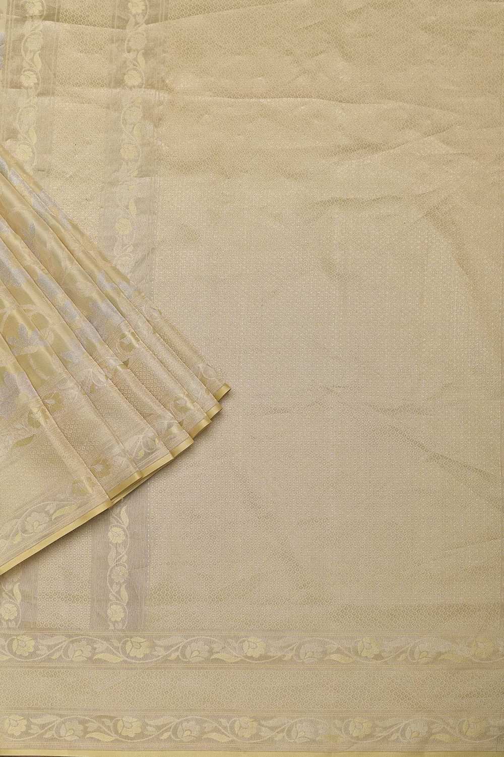 Beige South Dharmavaram Silk Saree With Woven Antique Motifs And Unstitched Blouse Fabric