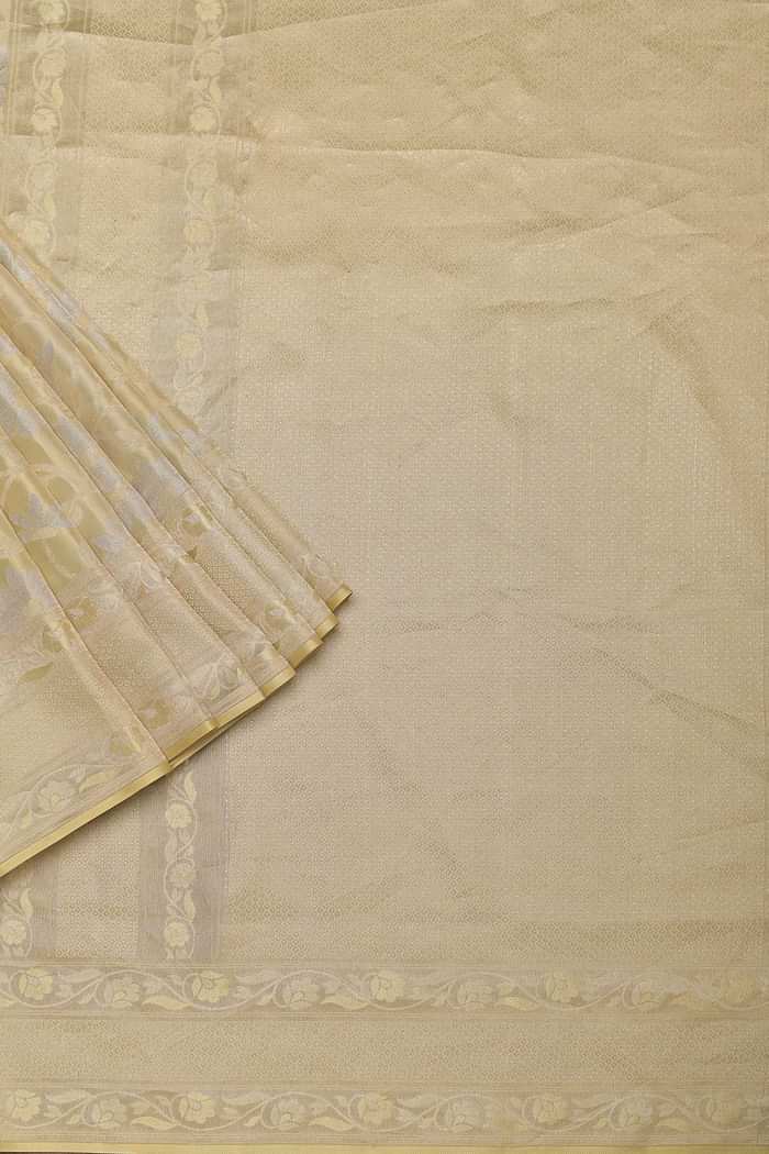 Beige South Dharmavaram Silk Saree With Woven Antique Motifs And Unstitched Blouse Fabric