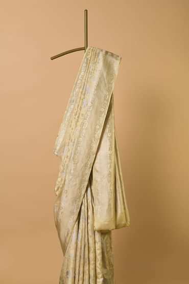 Beige South Dharmavaram Silk Saree With Woven Antique Motifs And Unstitched Blouse Fabric