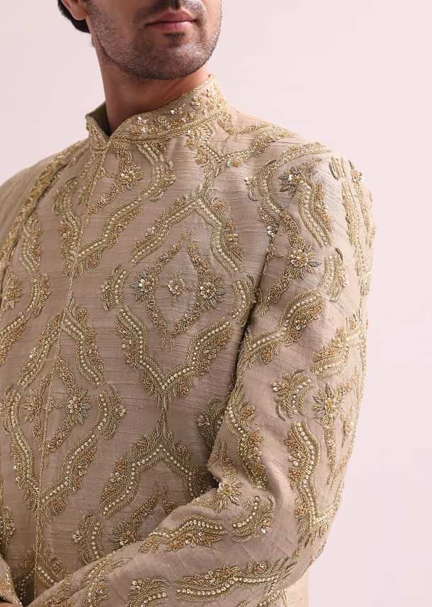 Beige Straight Cut Double Layered Sherwani And Kurta Set In Raw Silk