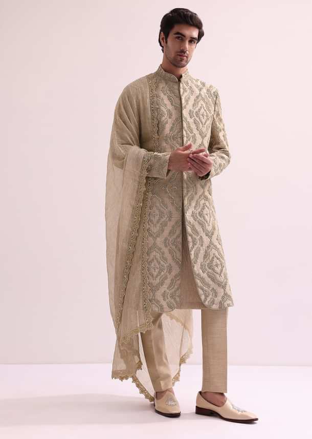 Beige Straight Cut Double Layered Sherwani And Kurta Set In Raw Silk