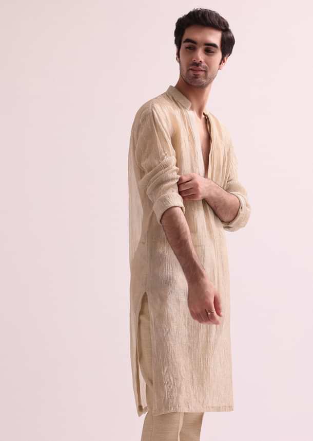 Beige Straight Cut Double Layered Sherwani And Kurta Set In Raw Silk