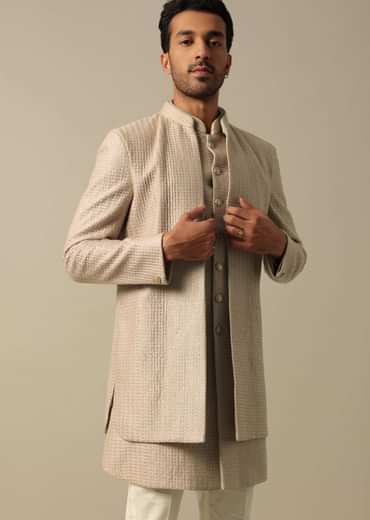 Beige Textured Indowestern Set for Grooms