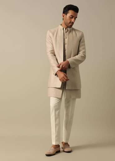 Beige Textured Indowestern Set for Grooms