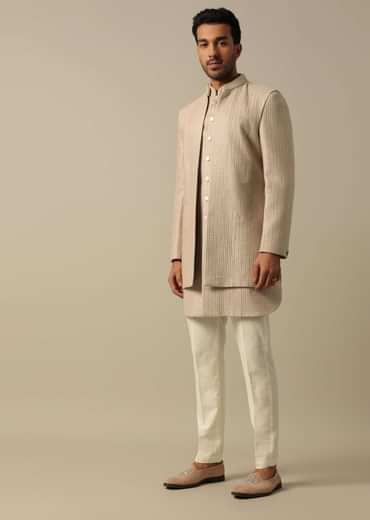 Beige Textured Indowestern Set for Grooms