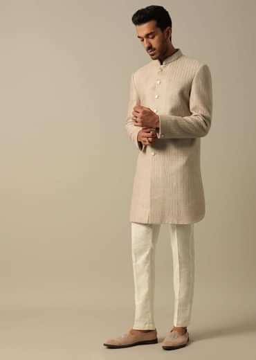 Beige Textured Indowestern Set for Grooms