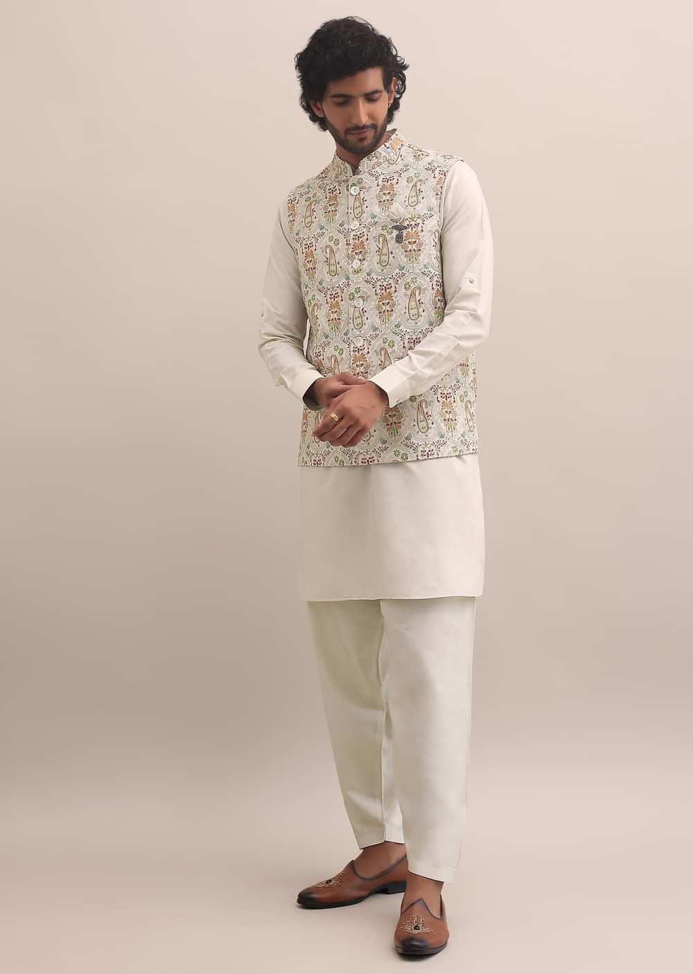 Beige Thread Embroidered Silk Kurta Jacket Set For Men