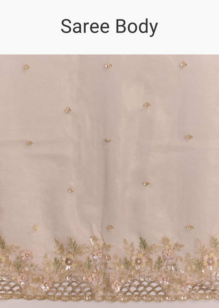 Beige Tissue Embroidered Saree With Floral Hand Embroidery