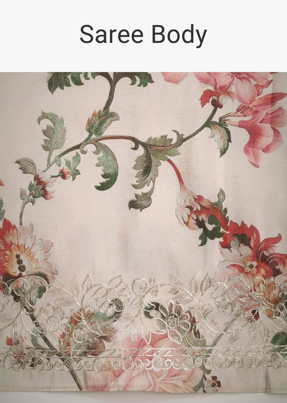 Beige Tissue Muslin Saree With Pitta Work And Digital Print