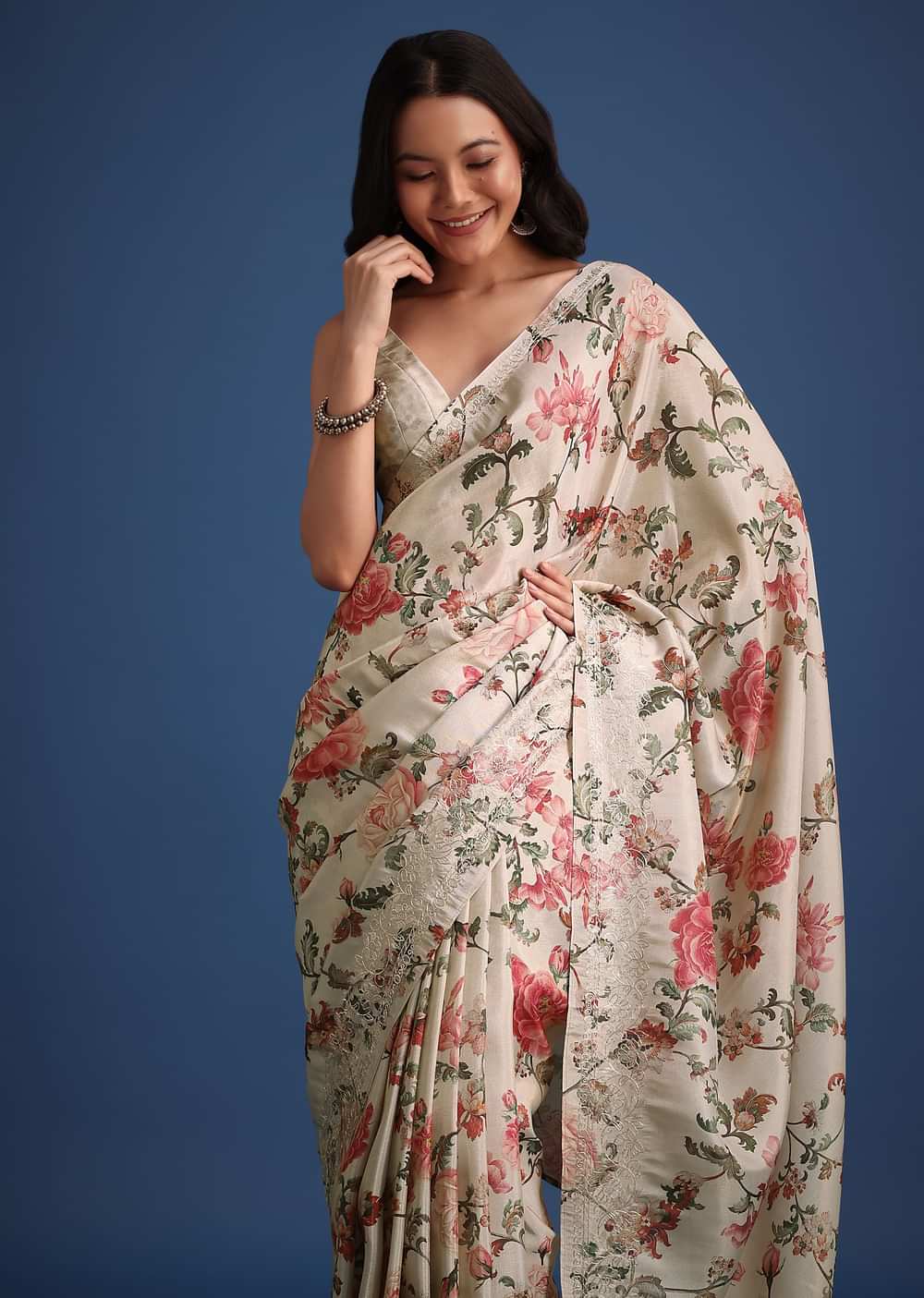 Beige Tissue Muslin Saree With Pitta Work And Digital Print