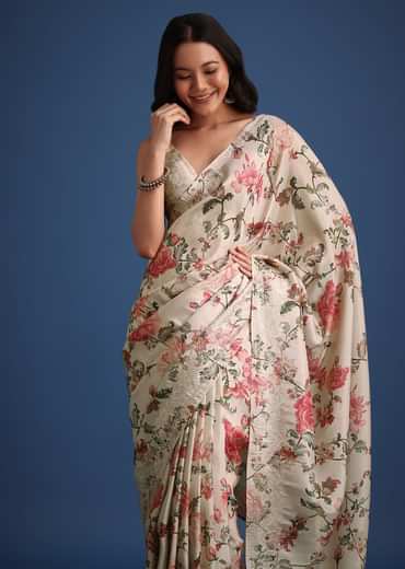 Beige Tissue Muslin Saree With Pitta Work And Digital Print
