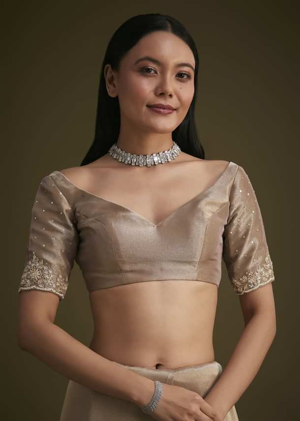 Beige Tissue Embroidered Saree With Scallop Border