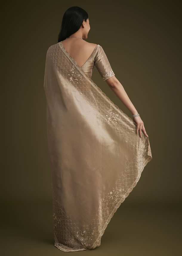 Beige Tissue Embroidered Saree With Scallop Border