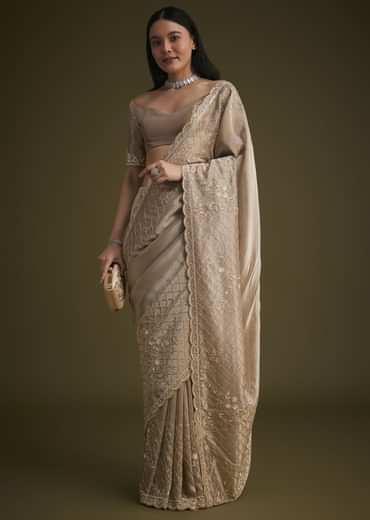 Beige Tissue Embroidered Saree With Scallop Border