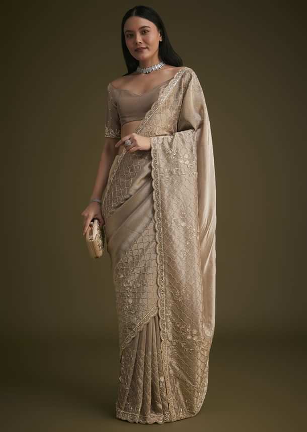 Beige Tissue Embroidered Saree With Scallop Border