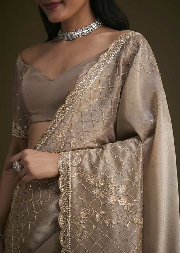 Beige Tissue Embroidered Saree With Scallop Border