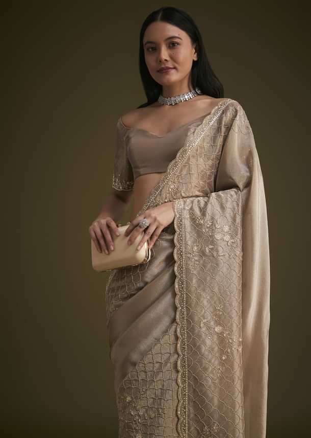 Beige Tissue Embroidered Saree With Scallop Border