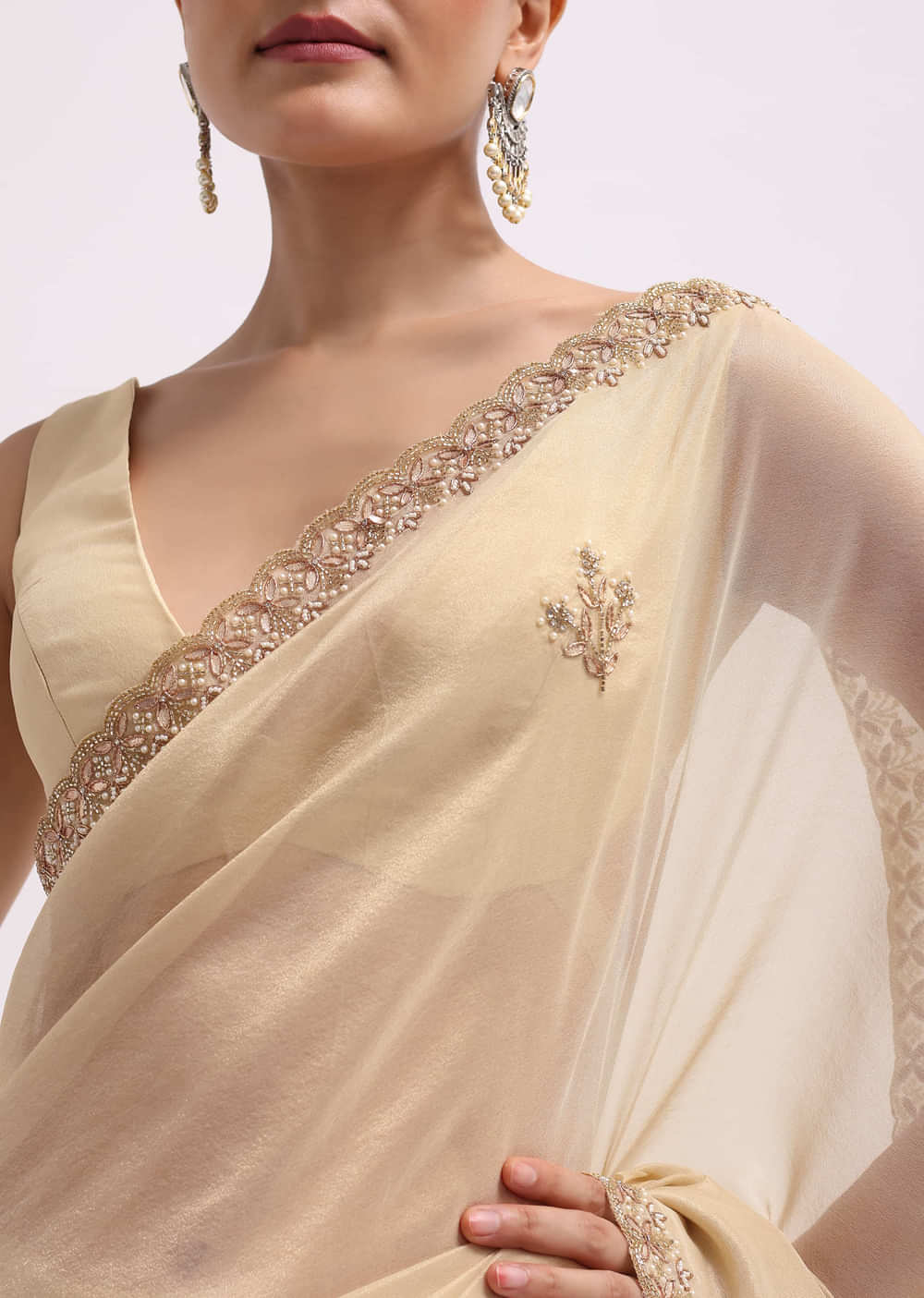 Beige Tissue Saree With Gotta Work And Unstitched Blouse