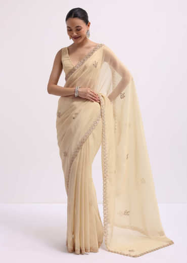 Beige Tissue Saree With Gotta Work And Unstitched Blouse