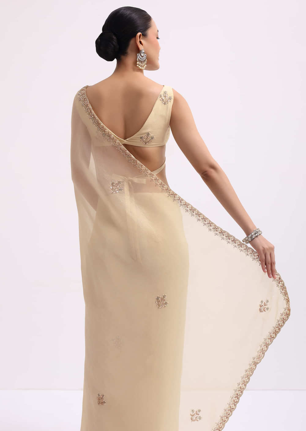 Beige Tissue Saree With Gotta Work And Unstitched Blouse