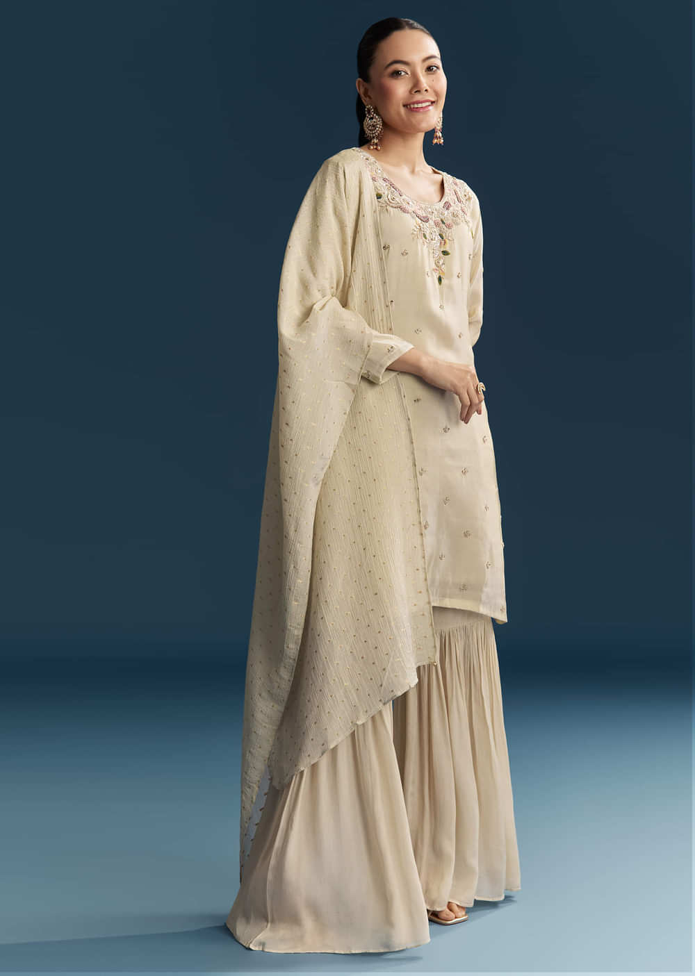 Beige Tissue Sharara Suit With Zardosi And Resham Embroidery