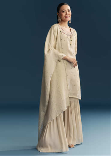 Beige Tissue Sharara Suit With Zardosi And Resham Embroidery