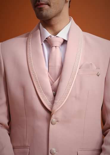 Beige Tuxedo And Pant Set With Cutdana Embellishments