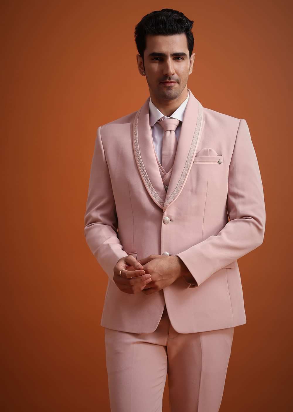 Beige Tuxedo And Pant Set With Cutdana Embellishments