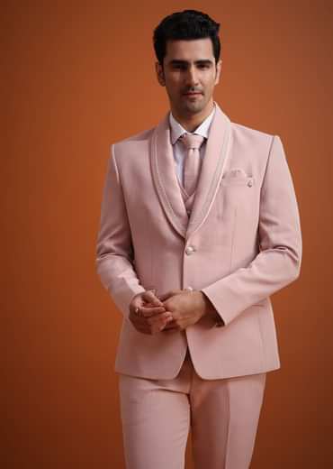 Beige Tuxedo And Pant Set With Cutdana Embellishments