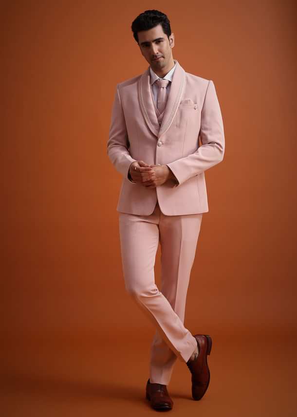 Beige Tuxedo And Pant Set With Cutdana Embellishments Beige Tuxedo And Pant Set With Cutdana Embellishments