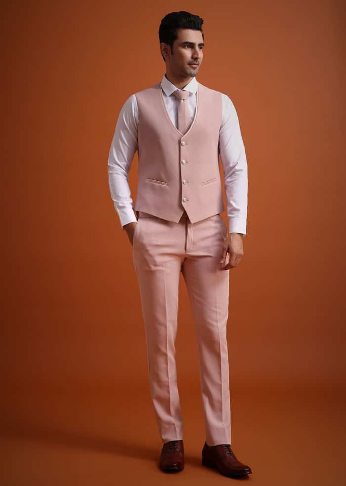Beige Tuxedo And Pant Set With Cutdana Embellishments