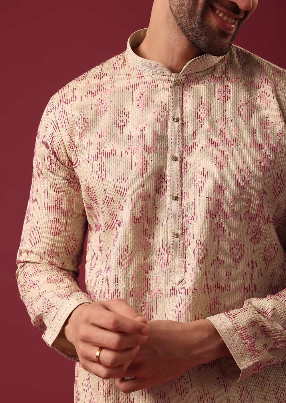 Beige White Embroidered Kurta Set In Silk