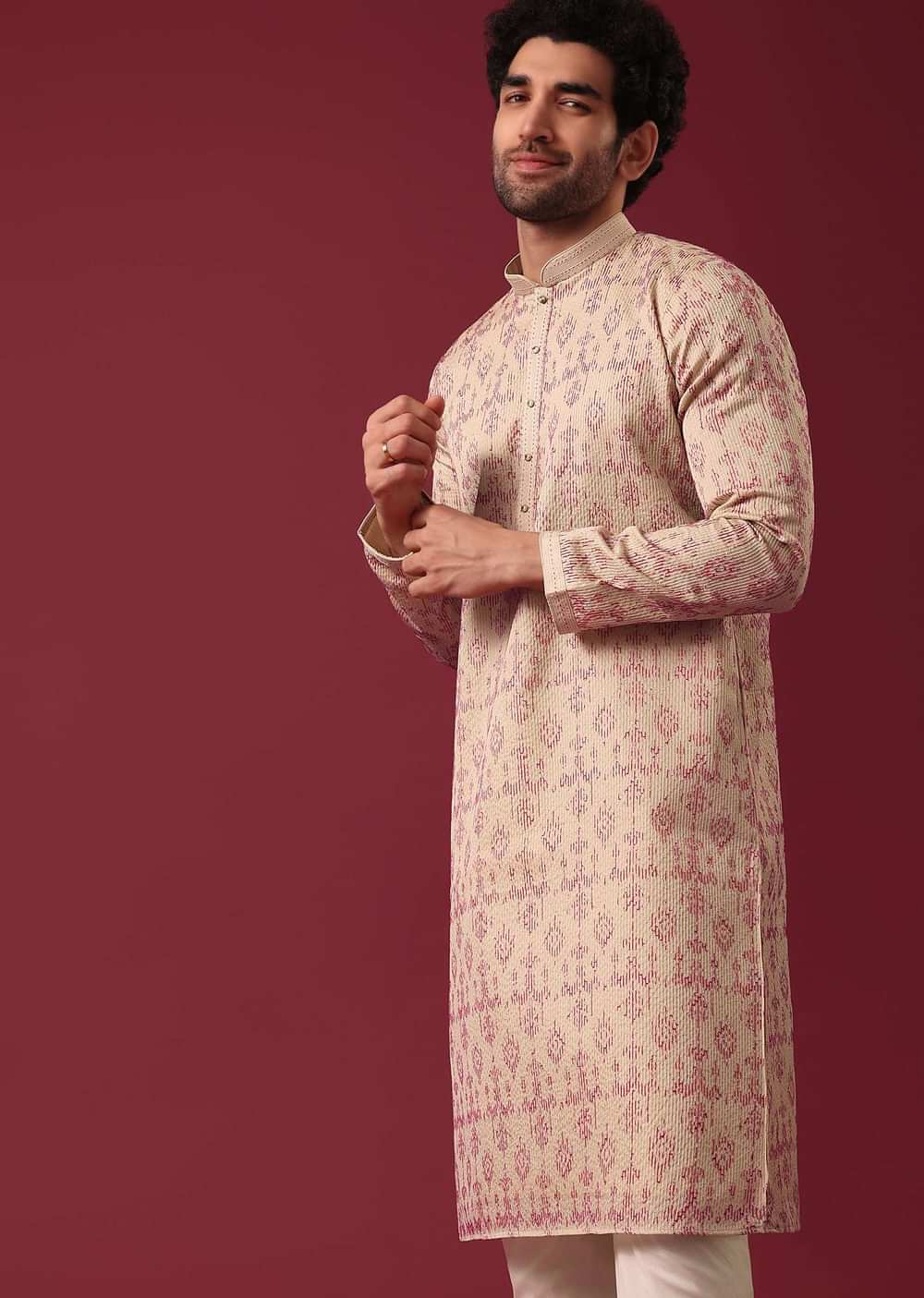 Beige White Embroidered Kurta Set In Silk
