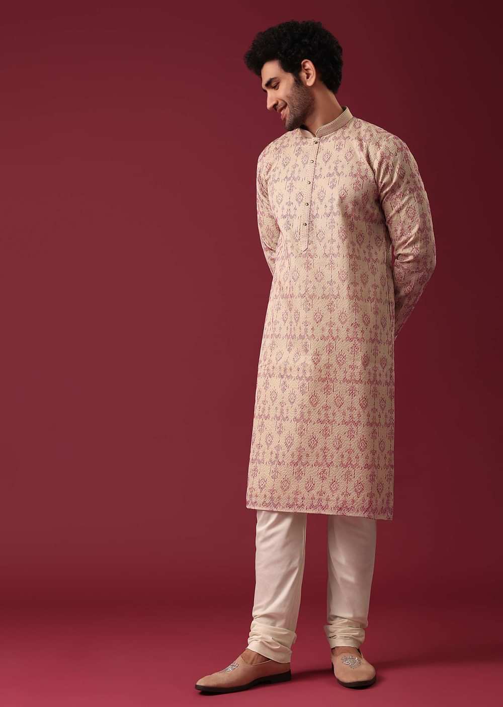 Beige White Embroidered Kurta Set In Silk