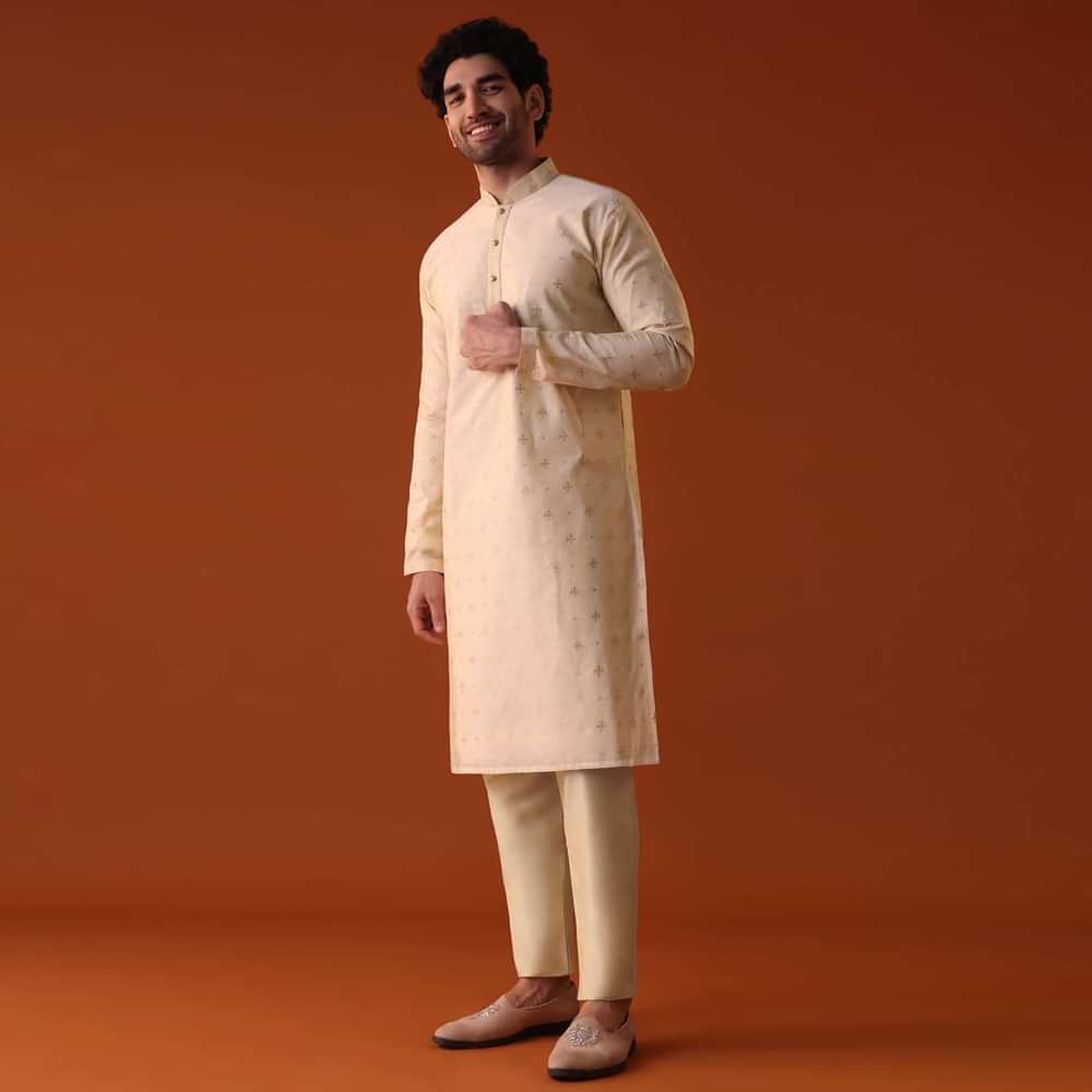 Beige White Kurta Set In Bangalore Art Silk With Zari Work