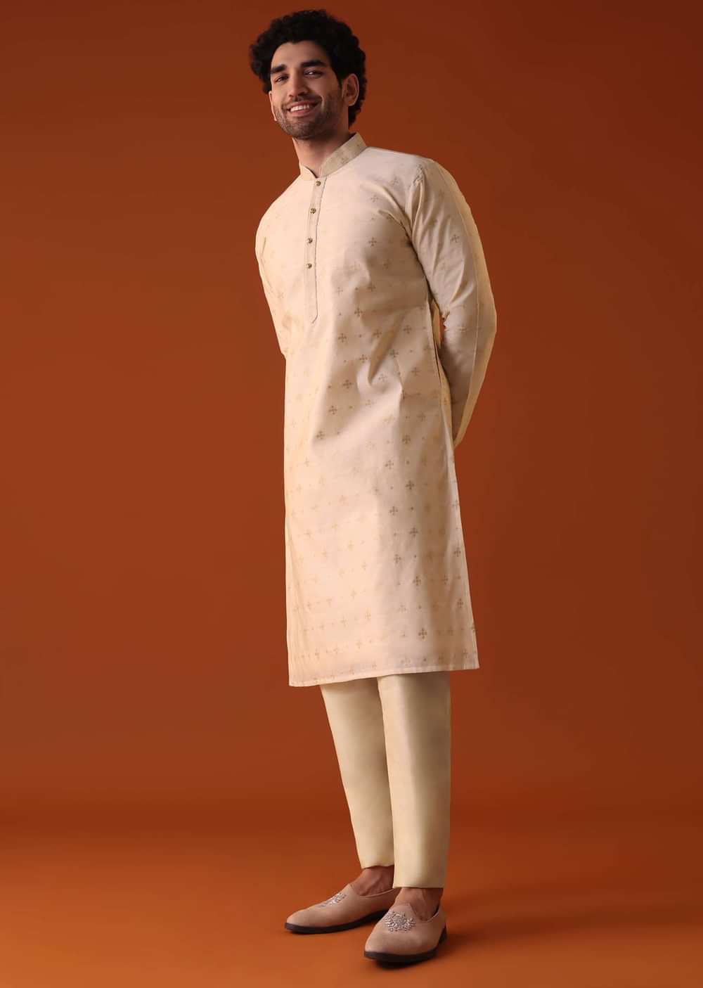 Beige White Kurta Set In Bangalore Art Silk With Zari Work